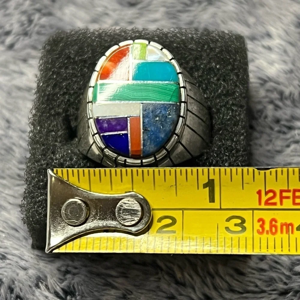 Men’s Native American Sterling Silver Multi Stone Inlay Signet Ring Size 9